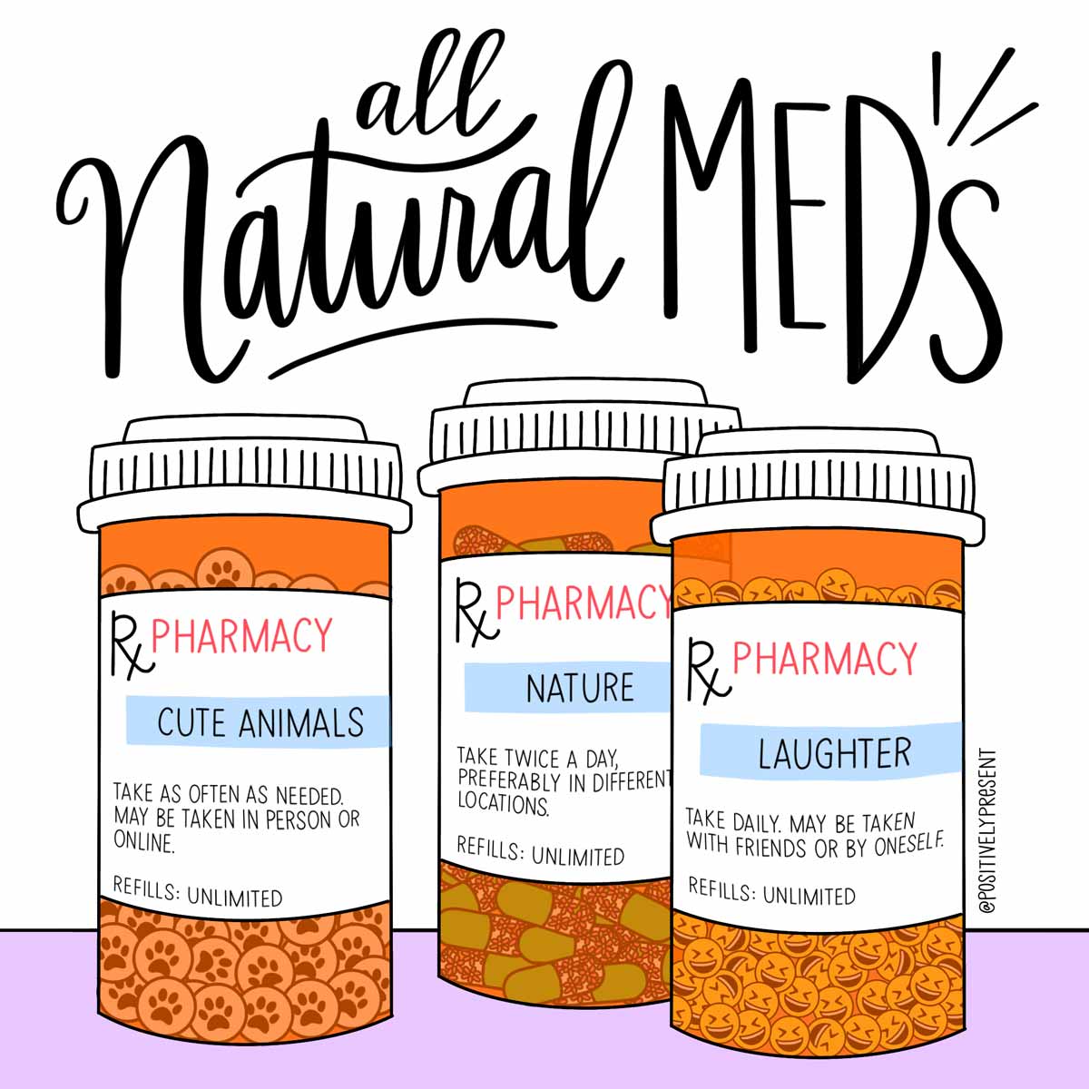 drawing of prescription bottles shows all natural meds to fight anxiety like laughter.
