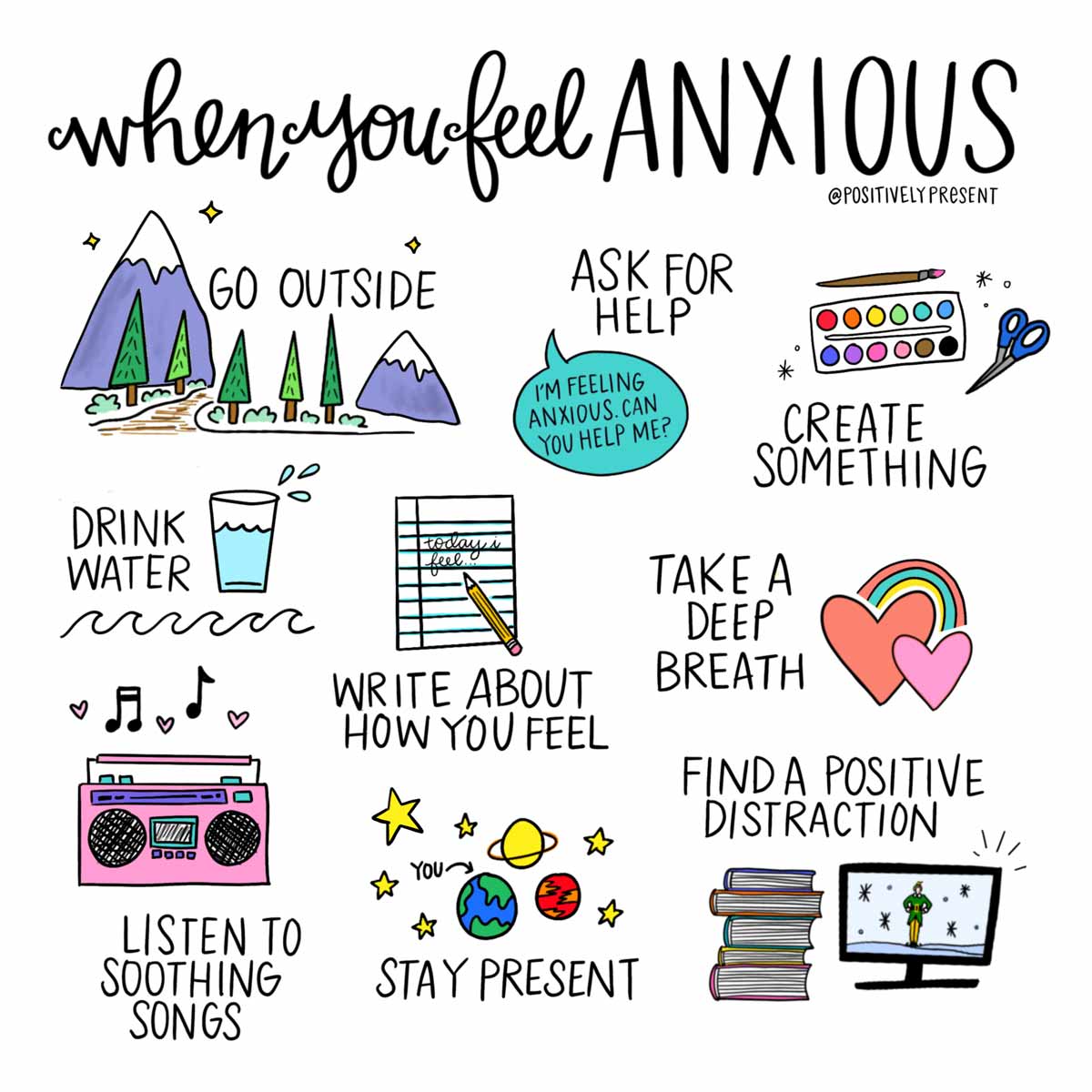 drawings show positive activities to do when you feel anxious.