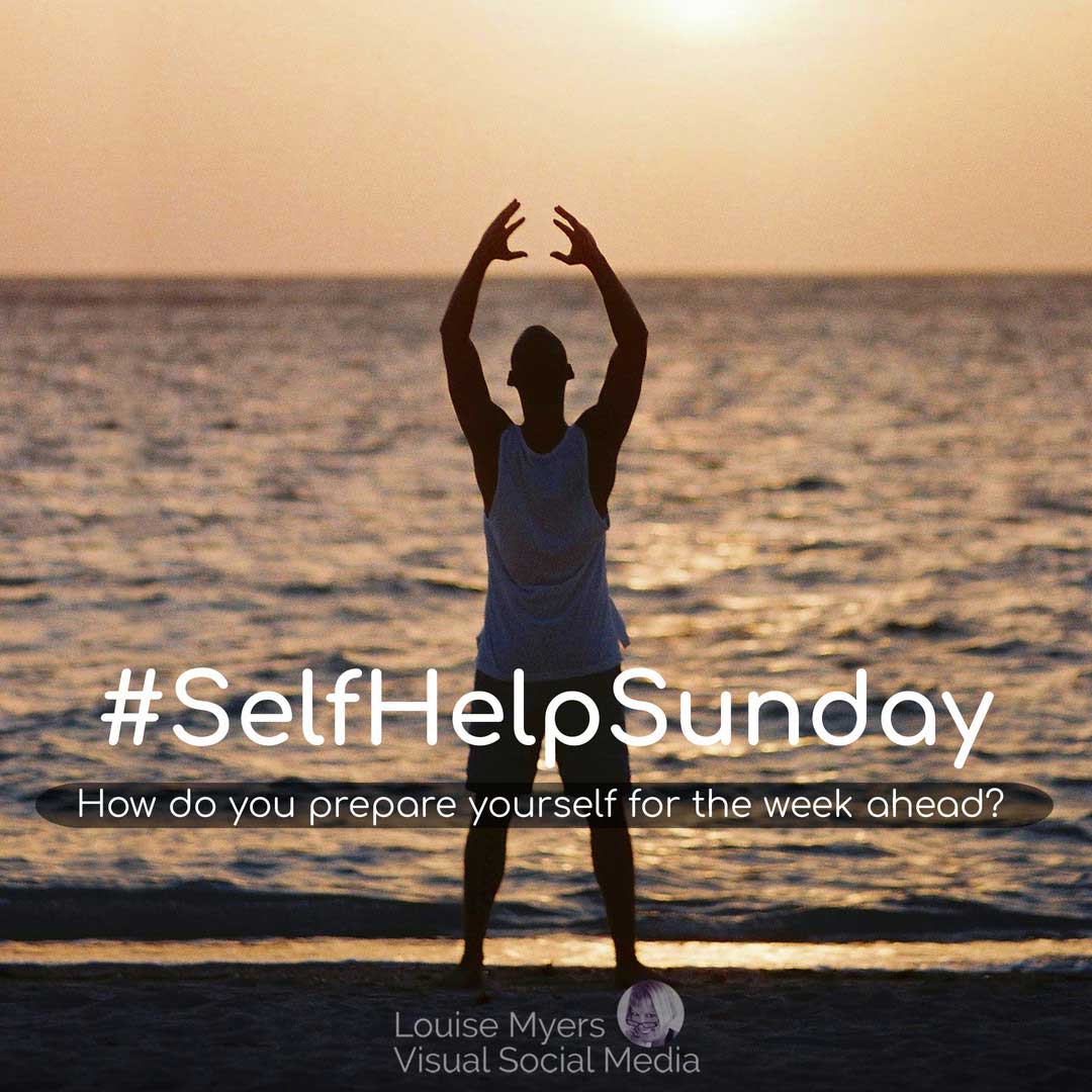 man exercising on beach has hashtag self help sunday.