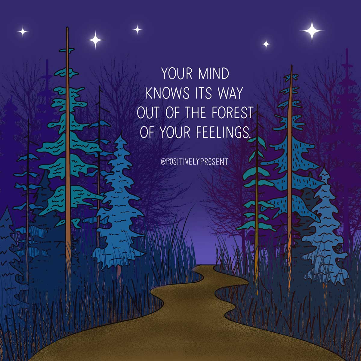 drawing of deep dark woods with quote about forest of feelings.