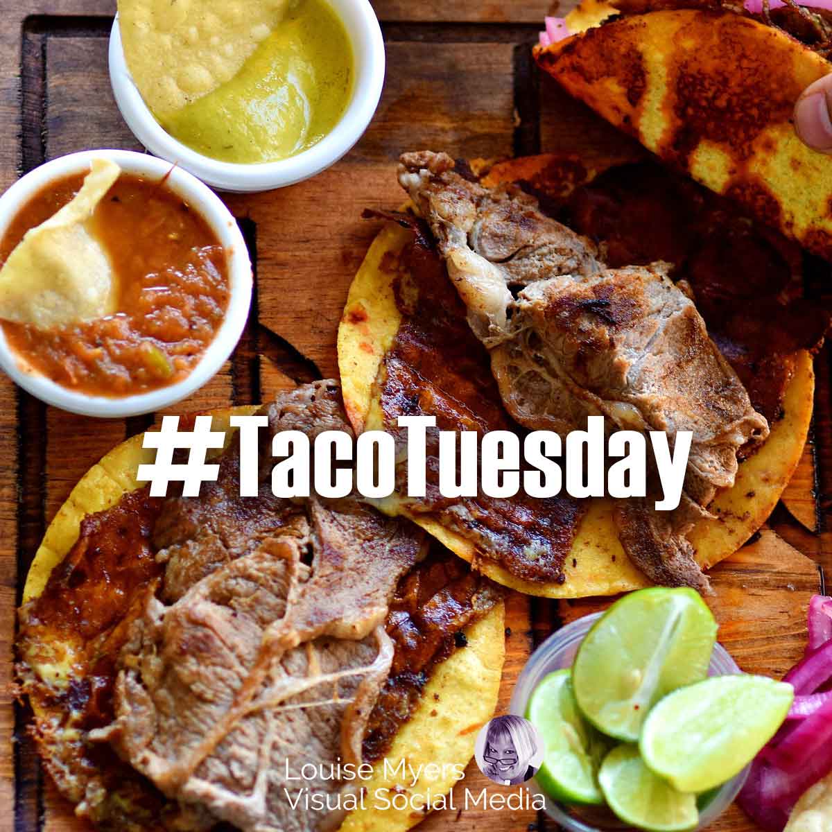 flatlay photo of taco fixings has text overlay for hashtag Taco Tuesday.