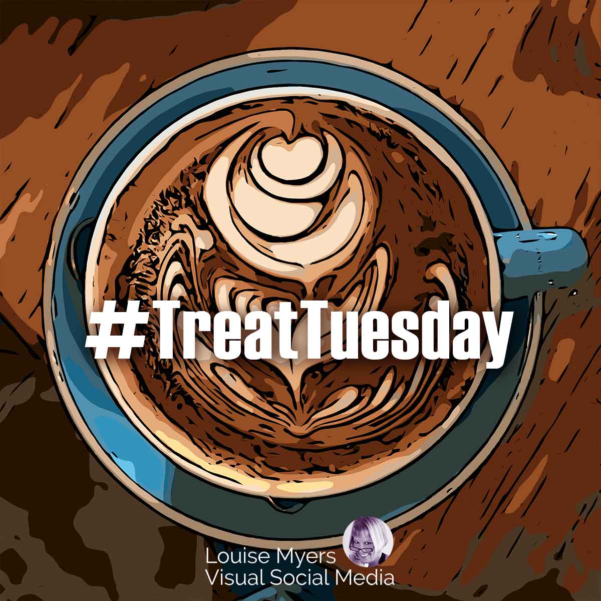 fancy coffee cream art has hashtag treat tuesday.