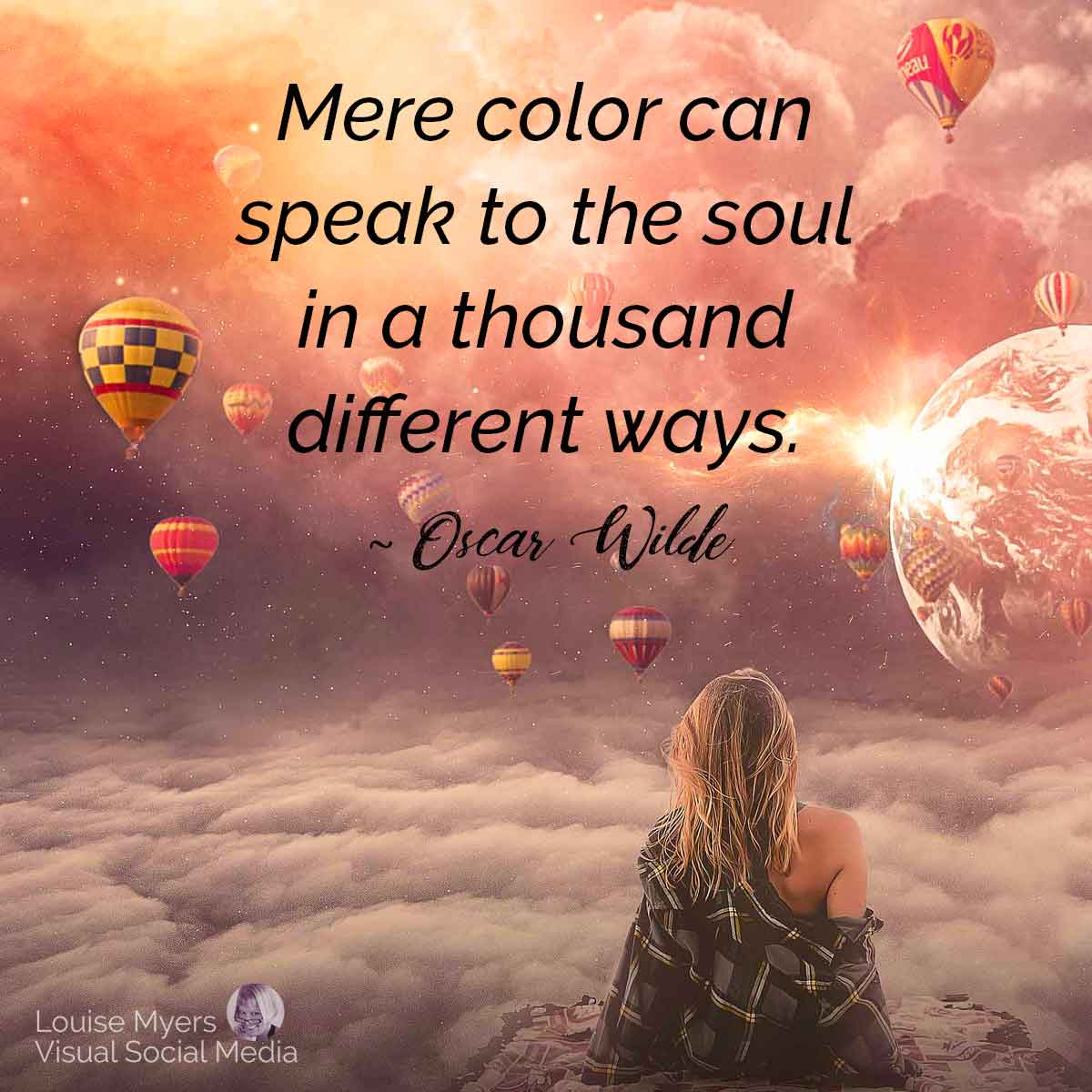 woman looking at colorful sky with hot air balloons and quote overlay about mere color can speak.