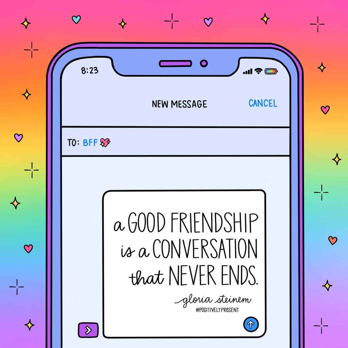 illustration of text to bff on rainbow background has funny quote, a good friendship is a conversation that never ends.